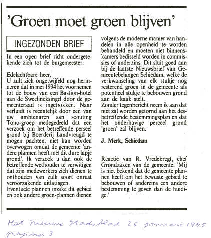 Het Nieuwe Stadsblad plaatste op 26 januari 1995 deze ingezonden brief op pagina 3