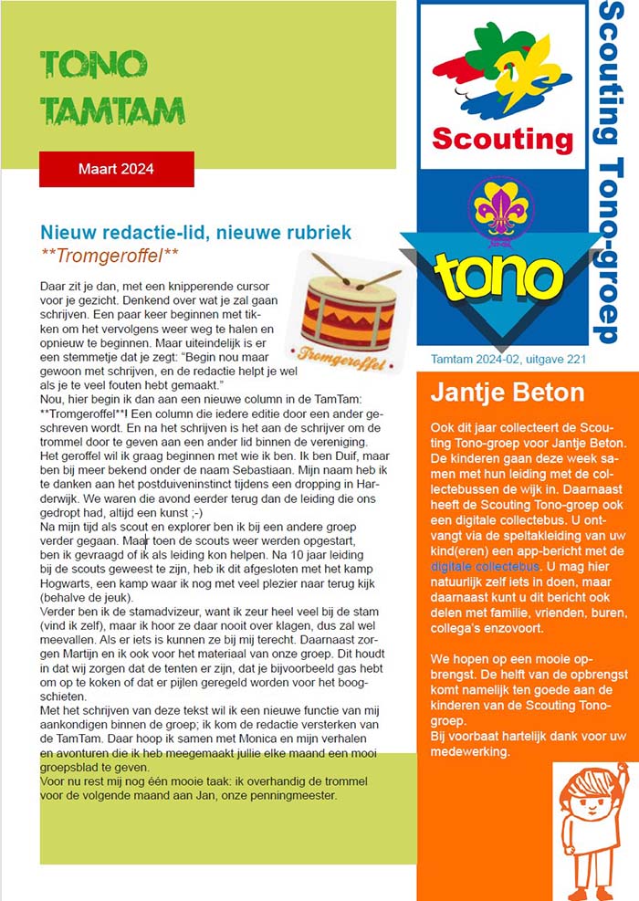De Tono Tamtam van februari 2024 van de Scouting Tono-groep Schiedam