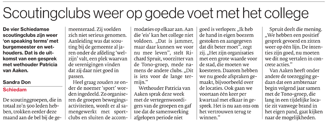 In het Algemeen Dagblad een artikel over de verstandhouding tussen Scouting Schiedam en de gemeente