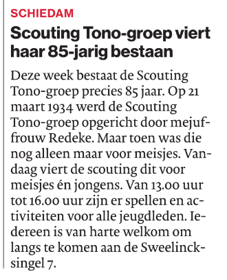 Ook het Algemeen Dagblad / Katern Waterweg vond het 85-jarig jubileum van de Scouting Tono-groep interessant genoeg voor een vermelding.