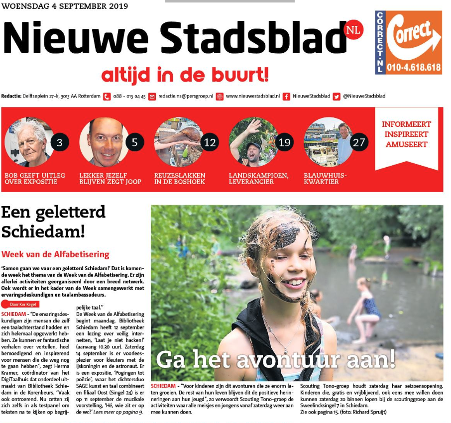 Op de voorpagina van het Nieuwe Stadsblad van 4 september 2019 het verhaal over het Kids Powerrr Event