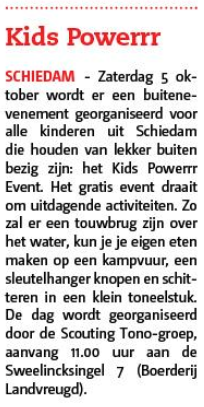 Op haar voorpagina plaatste het Nieuwe Stadsblad op 2 oktober 2019 een artikel over het Kids Powerrr Event van de Scouting Tono-groep