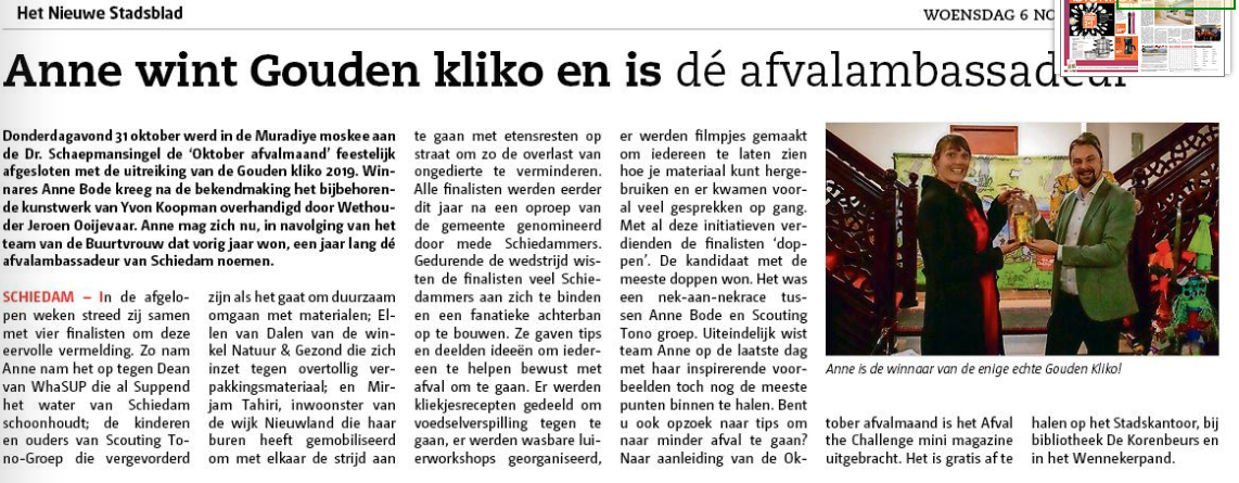 In het Nieuwe Stadsblad van 6 november 2019 een artikel over de Gouden Kliko op pagina 27