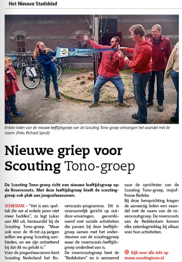 In het Nieuwe Stadsblad van 6 november 2019, op pagina 29, een artikel over de nieuwe leeftijdsgroep van de Scouting Tono-groep