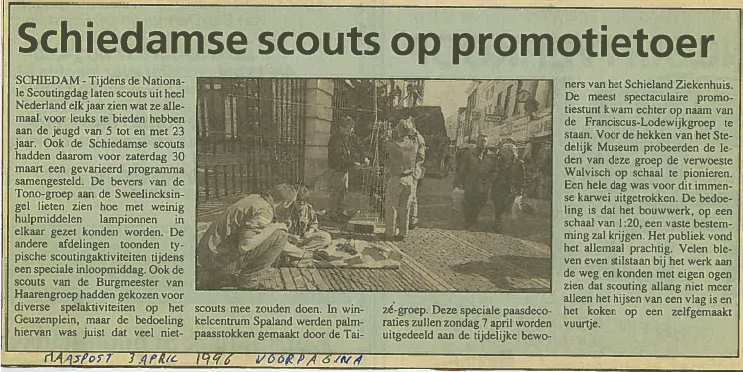Het Schiedams Nieuwsblad plaatste op 3 april 1996 dit artikel op de voorpagina