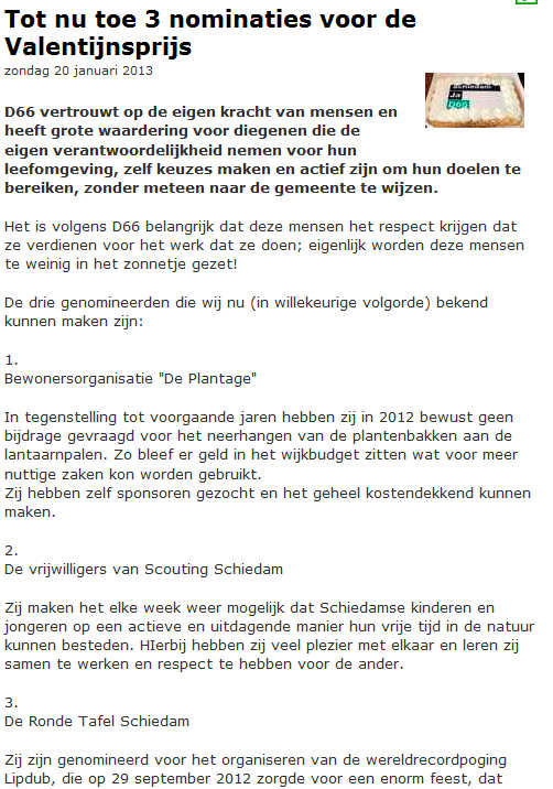 De nominaties voor de Valentijnsprijs 2013 op de website van D66 Schiedam.
