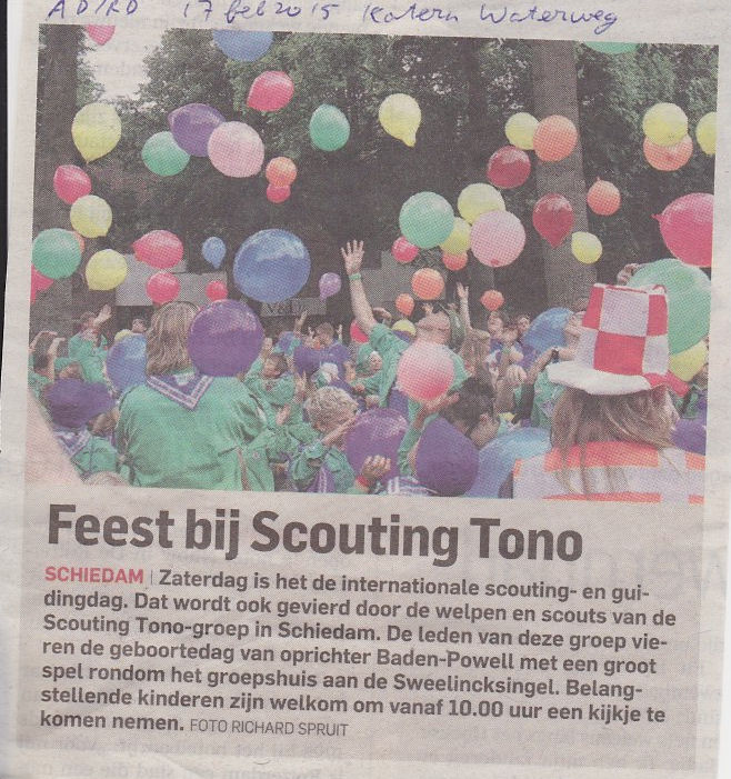 In het waterweg-katern bericht het Algemeen Dagblad/Rotterdams Dagblad over de Denkdag/Baden Powelldag van de Scouting Tono-groep