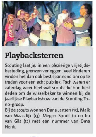 De winnende scouts, vlnr Megan Spruit, Ira van Gils, Mike van Waasdijk en Dana Janzen, op pagina 7 van het Nieuwe Stadsblad van 1 februari 2017