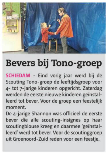 De installatie van de eerste bever bij de Scouting Tono-groep in het Nieuwe Stadsblad van 8 februari 2017, op pagina 7