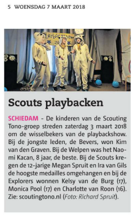 Op zaterdag 3 maart 2018 hield de Scouting Tono-groep de 29e editie van de playbackshow. Het publiek werd getrakteerd op een volwaardige show, met verrassende optredens van onze eigen bevers, welpen en scouts.