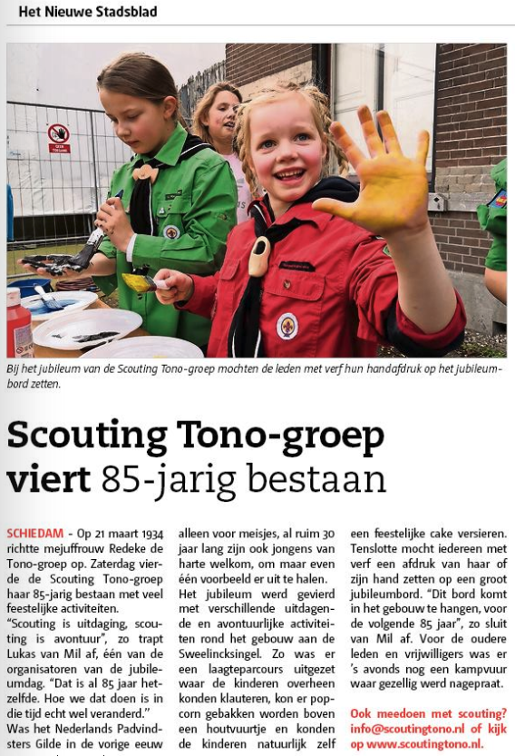 Op pagina 15 van het Nieuwe Stadsblad van 27 maart 2019 een artikel over het vieren van het 85-jarig jubileum van de Scouting Tono-groep