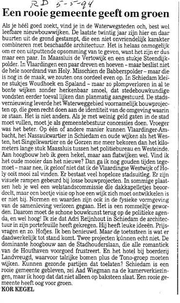 In het Rotterdams Dagblad verscheen op 5 mei 1994 deze ingezonden brief