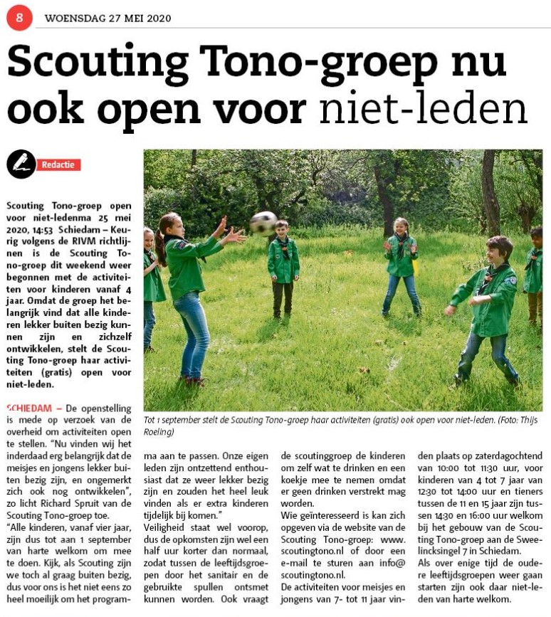 Het Nieuwe Stadsblad plaatste op 27 mei op pagina 8 een artikel over de opstenstelling van de activiteiten van de Scouting Tono-groep