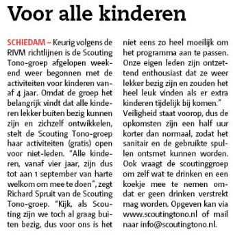 Ook op pagina 3 vertelde het Nieuwe Stadsblad over de openstelling wegens Conora van de activiteiten van de Scouting Tono-groep