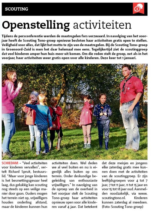 De Scouting Tono-groep stelt haar activiteiten tijdelijk open voor alle kinderen uit Vlaardingen en Schiedam