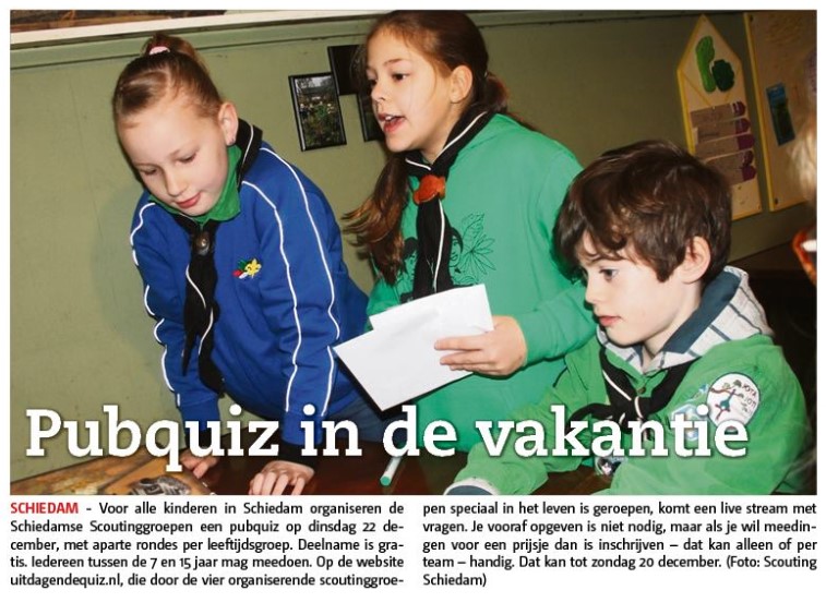 De pubquiz voor iedereen van 7 tot 15 jaar oud, georganiseerd door Scouting Schiedam - Het Nieuwe Stadsblad van 9 december 2020, voorpagina