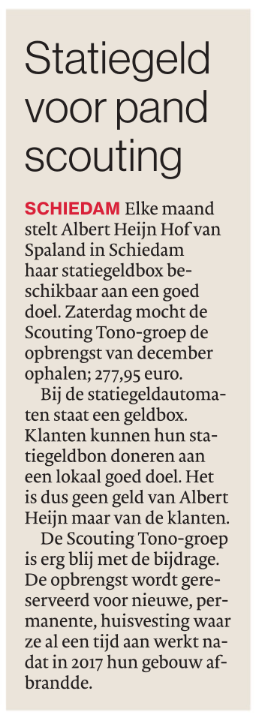 In het katern Waterweg van het Algemeen Dagblad stond op dinsdag 19 januari 2021 dit artikel over de overhandiging van het bedrag
