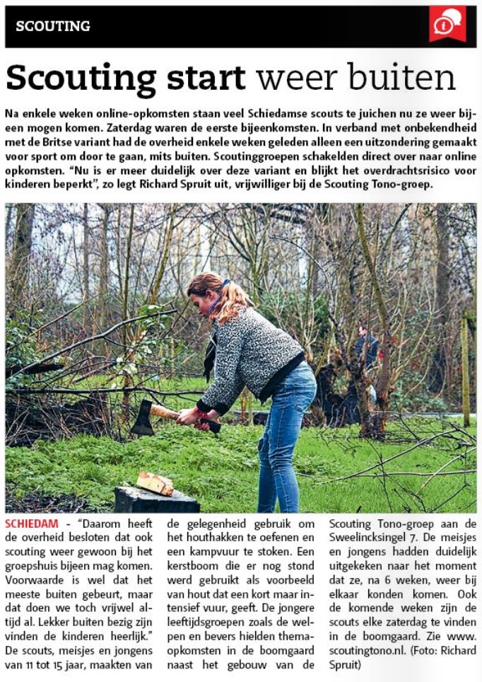 Op pagina 14 van Het Nieuwe Stadsblad van 10 februari 2021 drukt de lokale krant een artikel af over het begin van gezamenlijke opkomsten bij de Scouting Tono-groep