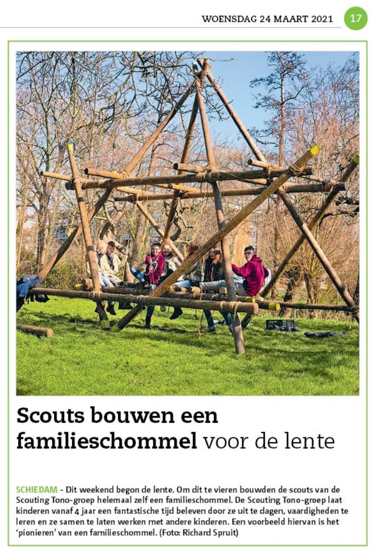 Op pagina 17 in het Nieuwe Stadsblad van 24 maart 2021 tonen de scouts trots de door hen gebouwde familieschommel.