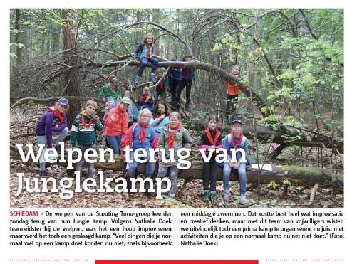 Het Junglekamp van de welpen van de Scouting Tono-groep op de voorpagina van het Nieuwe Stadsblad
