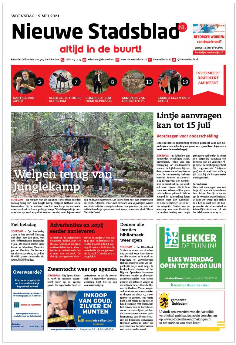 Op de voorpagina van Het Nieuwe Stadsblad van 19 mei 2021 staat een mooie foto van het junglekamp van de welpen