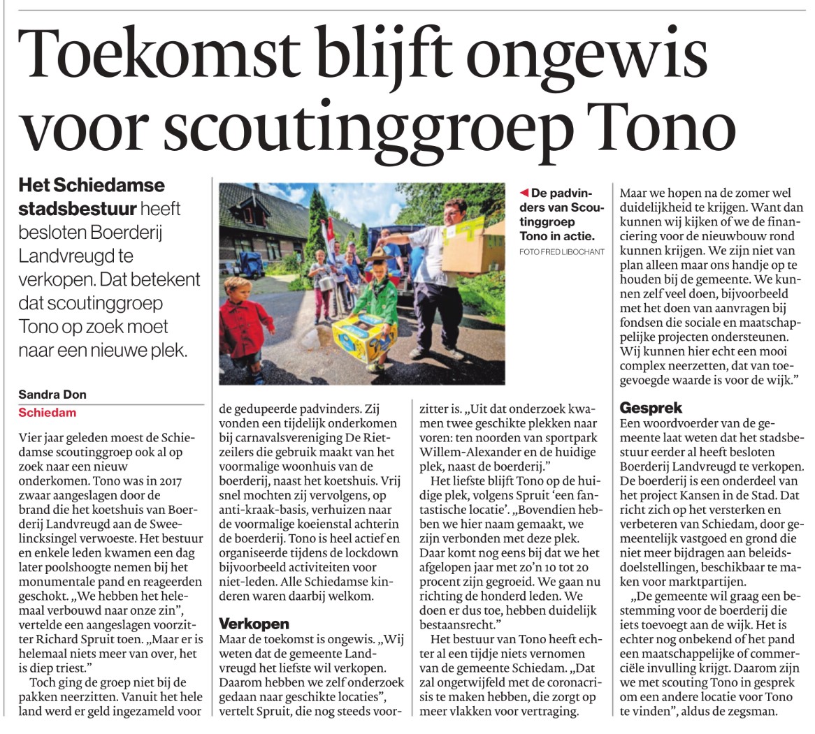 Het Algemeen Dagblad/Rotterdams Dagblad plaatste een groot artikel over de Scouting Tono-groep op pagina 5 van het katern Waterweg