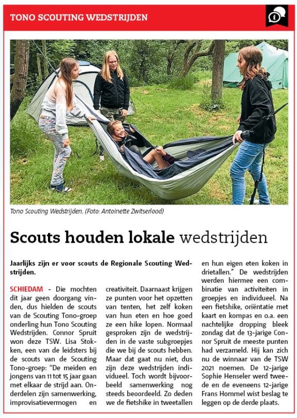 In het Nieuwe Stadsblad een artikel over de Tono Scouting Wedstrijden, gewonnen door Connor Spruit