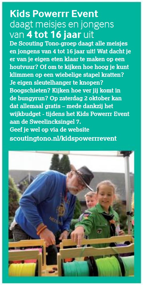 Een aankondiging van het Kids Powerrr Event op pagina 18 van Het Nieuwe Stadsblad van 29 eptember 2021