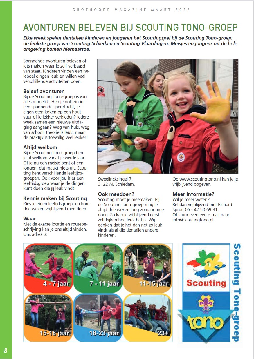 Op pagina 8 van het Groenoord Magazine een groot verhaal over de Scouting Tono-groep.