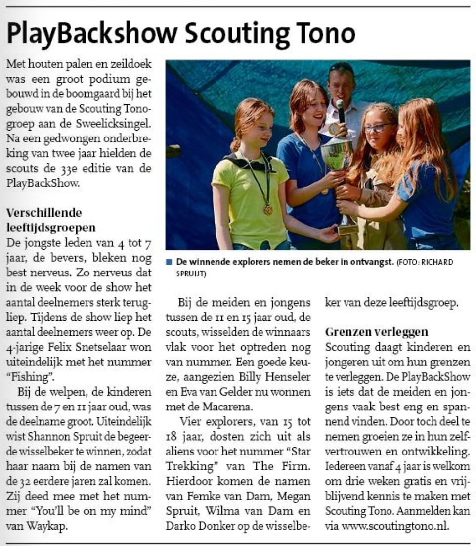 Op pagina 7 van Het Nieuwe Stadsblad van 18 mei 2022 een artikel over de winnaars van de PlayBackShow van de Scouting Tono-groep