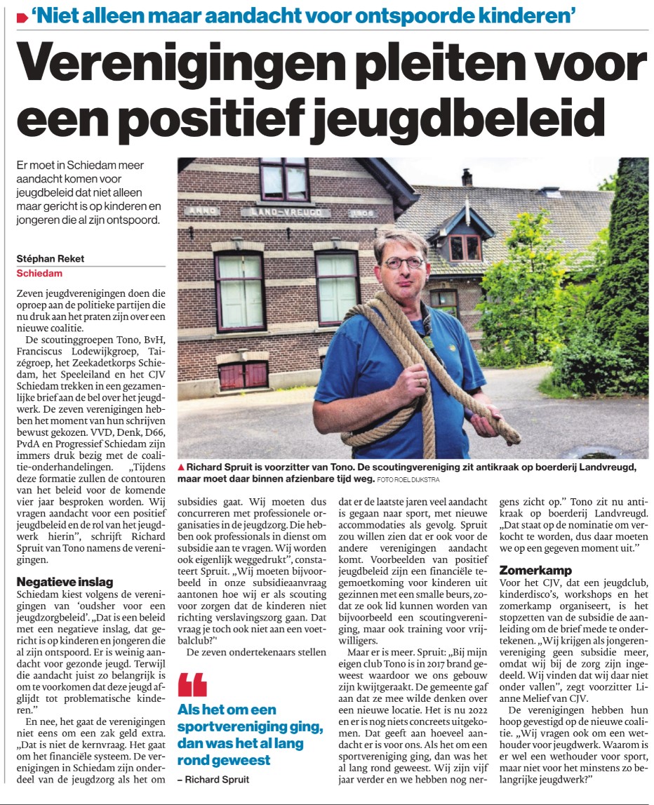 Op pagina 6 van katern Waterweg van Het Algemeen Stadsblad van 1 juni 2022 een artikel over de brief die 7 Schiedamse jeugdverenigingen hebben gestuurd aan de Schiedamse politiek