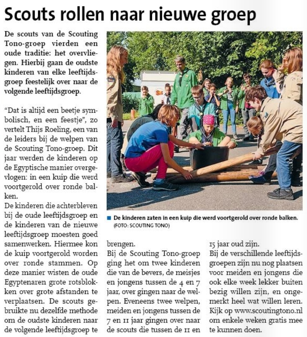 Op pagina 14 van het Nieuwe Stadsblad het overvliegen van de Scouting Tono-groep