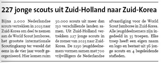 Op pagina 5 van Het Nieuwe Stadsblad van 11 januari 2023 de melding van het aantal scouts uit Zuid-Holland