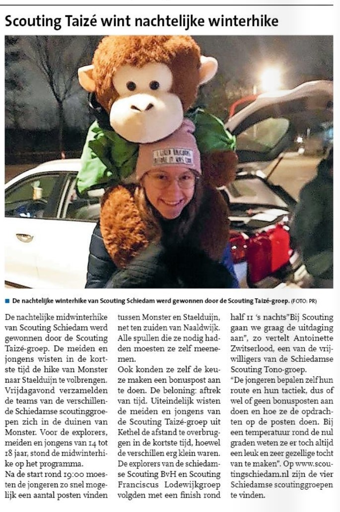 Op pagina 12 van het Nieuwe Stadsblad van 1 februari 2023 een artikel over de koude midwinterhike van Scouting Schiedam