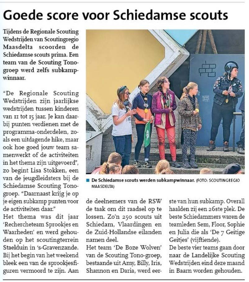 Op pagina 11 van het Nieuwe Stadsblad van 24 mei 2023 een artikel over de regionale scoutingwedstrijden van Scoutingregio Maasdelta