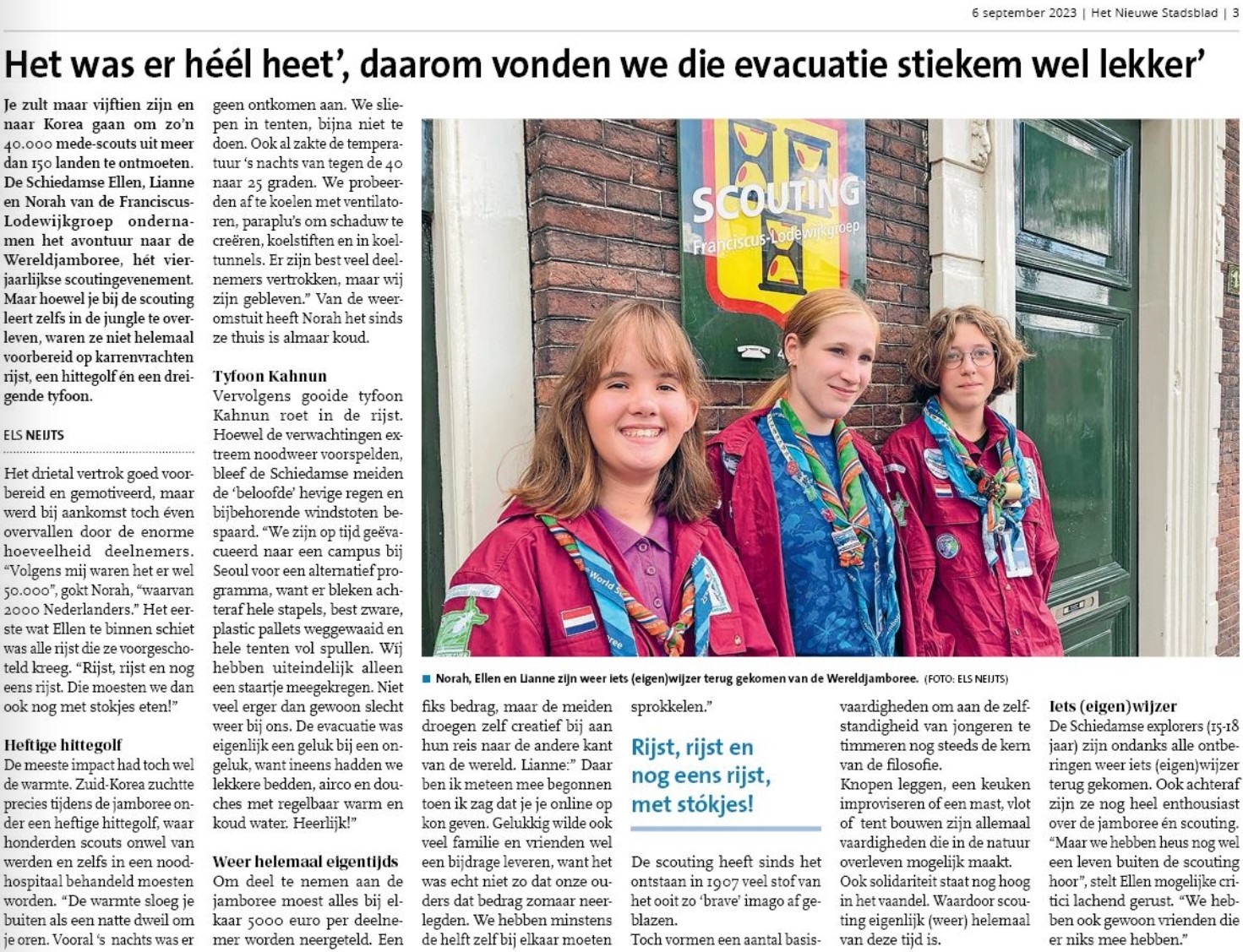 De gehele bovenste helft van pagina 3 van Het Nieuwe Stadsblad van woensdag 6 september 2023 was ingeruimd voor het verhaal van de jamboreegangers