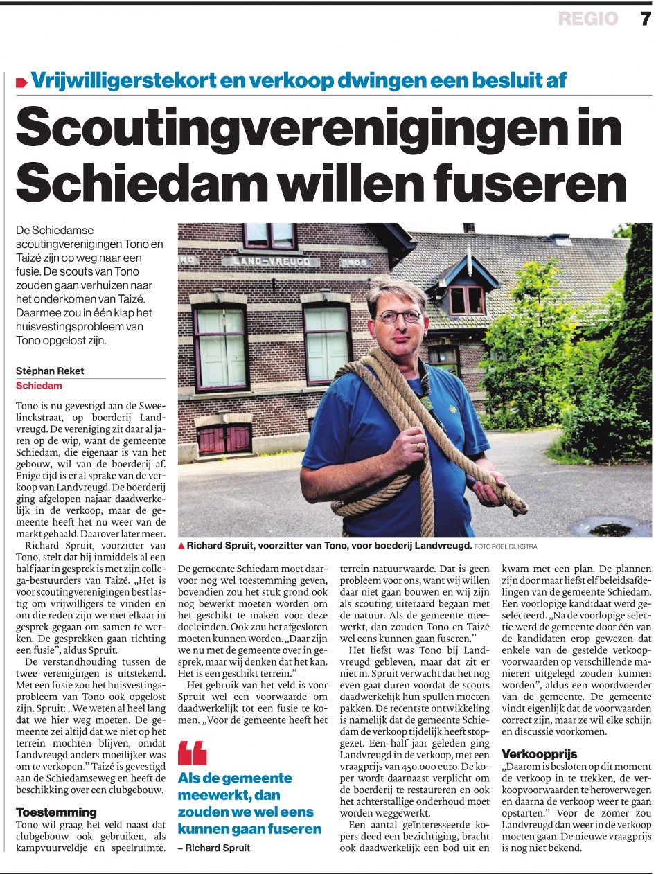 In het Algemeen Dagblad, katern Waterweg een artikel over de mogelijke fusie tussen de twee Schiedamse scoutinggroepen.